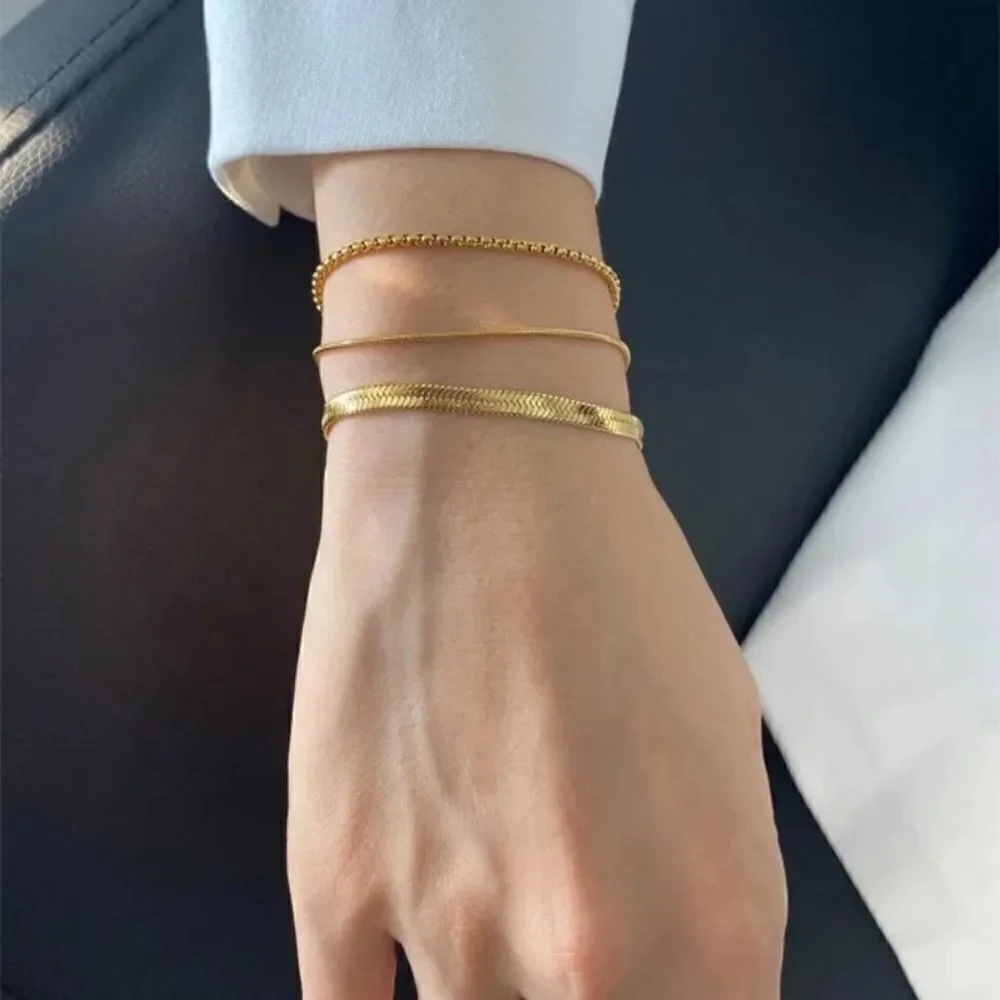 Gold Herringbone Flat Snake Chain Bracelet 4mm
